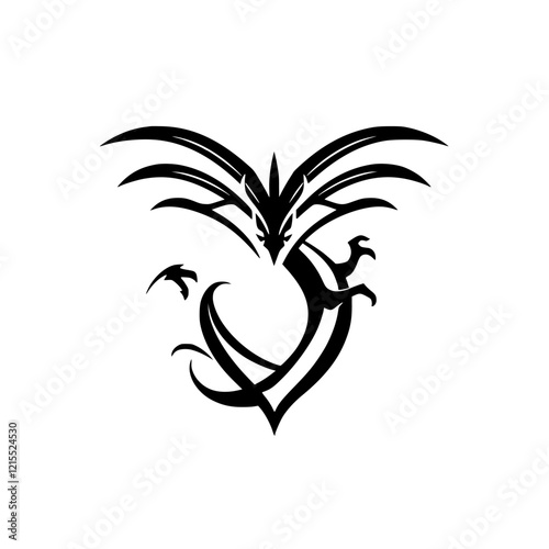 Tribal Dragon Tattoo Design: Mythical Creature, Black Ink, Fantasy Art, Vector Graphic
