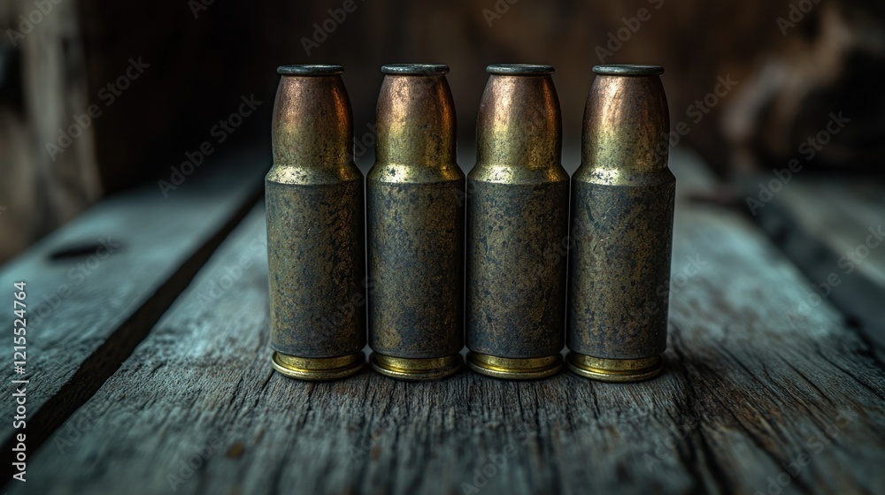 Four spent cartridges on rustic wood, dark background Four spent cartridges on rustic wood, dark background