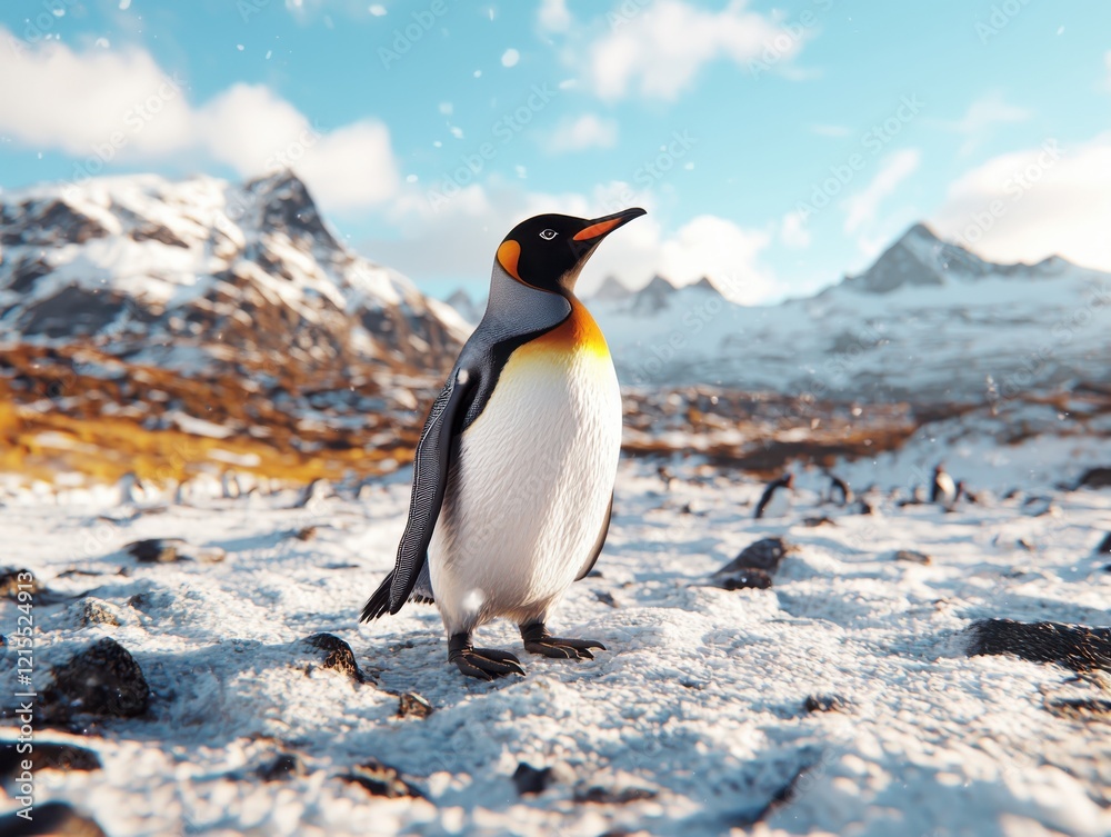 Fototapeta premium Resilient penguin navigating icy habitat antarctic landscape wildlife photography snowy environment close-up view nature's adaptation