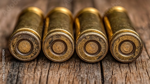 Four bullets on rustic wood, close-up photo