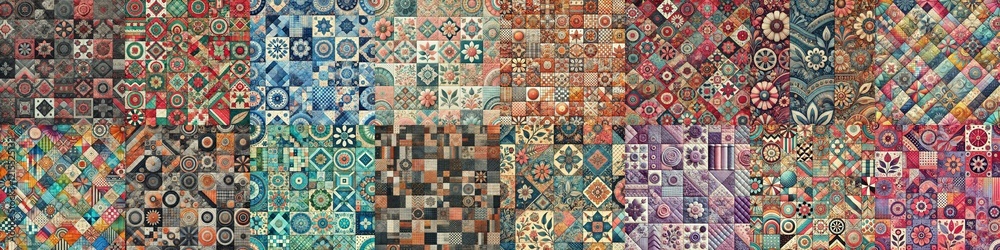 Fototapeta premium Creative patchwork tiled backgrounds. AI generated illustration