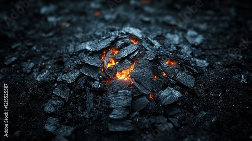 Glowing embers smolder in dark volcanic ash