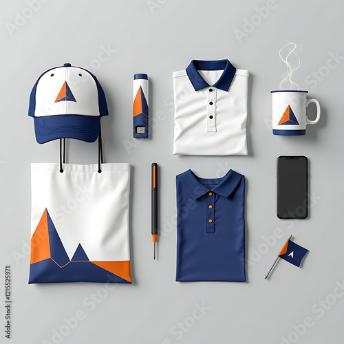 Modern Corporate Branding Mockup - Custom Merchandise Set Featuring Logo on Shirt, Cap, Bag, Mug, Pen, and Envelope in Sleek Blue and Orange Design for Business Promotion and Marketing