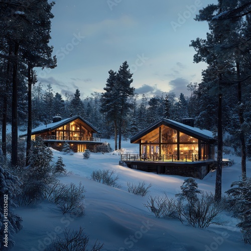 Winter retreat cozy cabins nestled in deep snow surrounded by tall trees captured from a serene angle photo