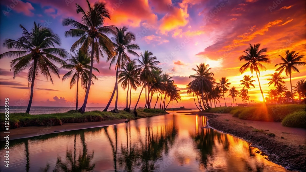 Silhouetted Palm Trees at Sunrise over Tropical Paradise Beach and River Silhouetted Palm Trees at Sunrise over Tropical Paradise Beach and River