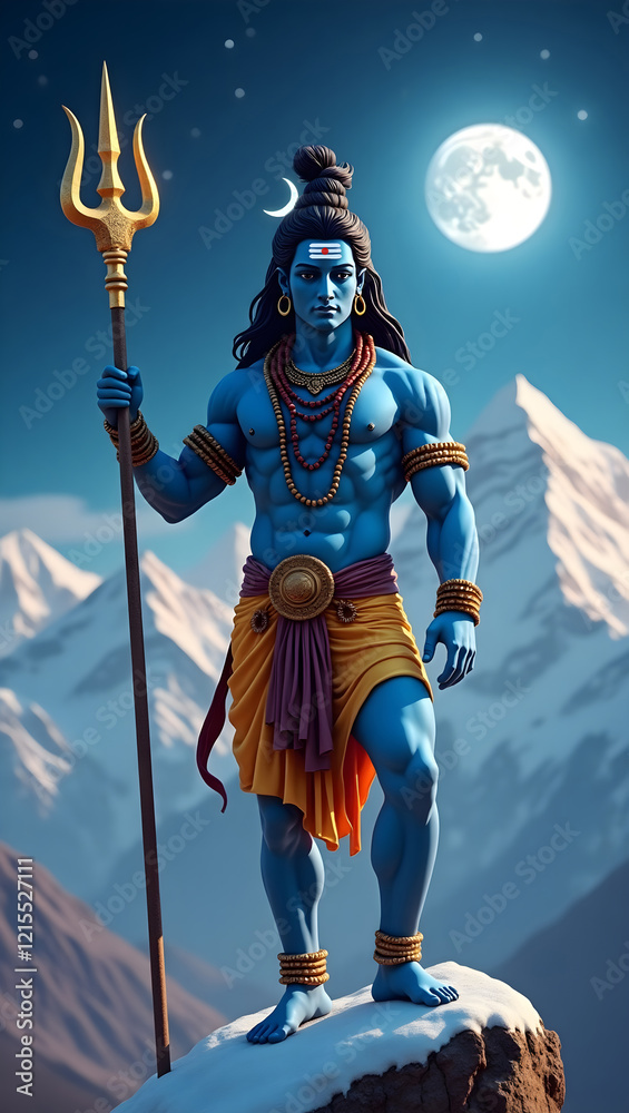 Obraz premium God Shiva with golden trident is standing atop of Kailash mountain set against starry night sky with a full moon