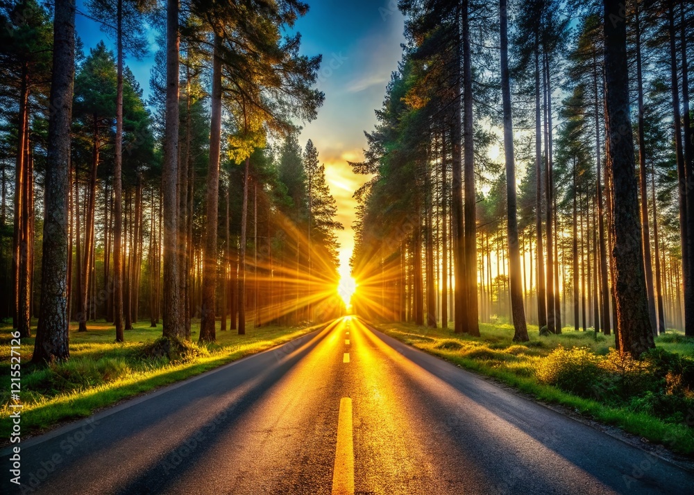 Fototapeta premium Silhouetted Summer Road: Sunlit Forest Path at Sunset