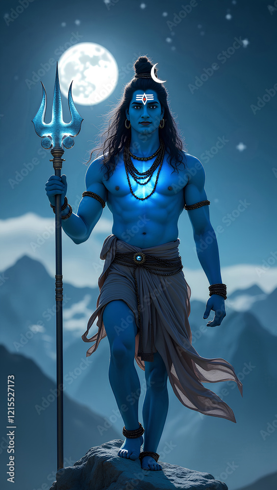 Fototapeta premium Lord Shiva stands on a rocky peak under a starry sky, surrounded by serene mountains, holding a glowing trident in his hand