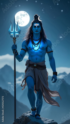 Lord Shiva stands on a rocky peak under a starry sky, surrounded by serene mountains, holding a glowing trident in his hand photo