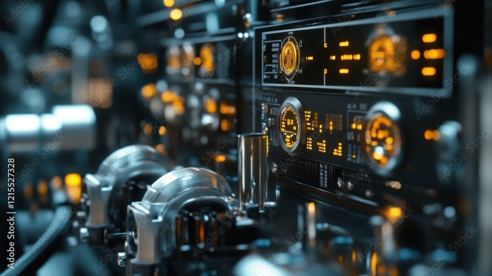 Fototapeta premium Complex machinery interface displaying real time data and performance metrics, utilizing advanced technology for efficient industrial operations and process control in a futuristic setting