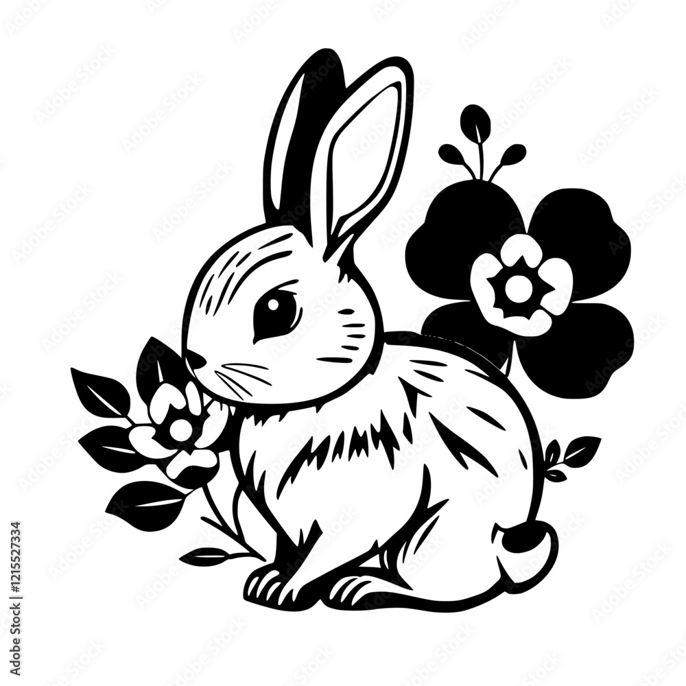 Adorable Black and White Rabbit with Flowers: A Cute Springtime Graphic Design Adorable Black and White Rabbit with Flowers: A Cute Springtime Graphic Design