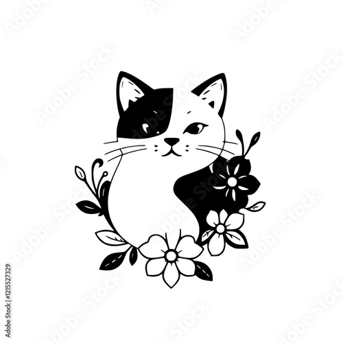 Adorable Black and White Cat with Flowers - Cute Pet Illustration, Elegant Floral Design, Vector Graphic, Pet Image, Animal Art