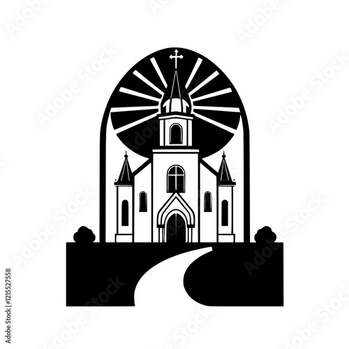 Majestic Church: A Symbol of Faith and Spirituality. Black and white vector illustration of a church with a path leading towards it, symbolizing hope and faith.