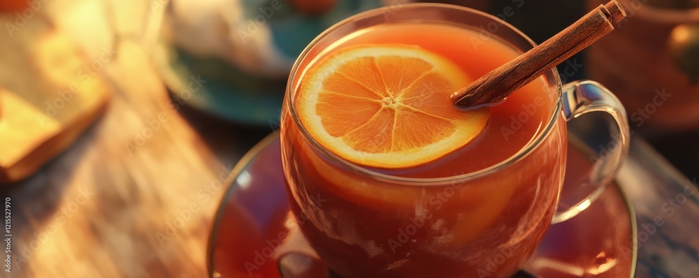 Warm spiced apple cider in glass mug with orange slice and cinnamon stick Warm spiced apple cider in glass mug with orange slice and cinnamon stick