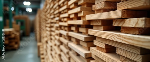 Stacked wooden planks in furniture manufacturing workshop. Raw timber materials neatly organized in layers. Industrial setting suggests busy production environment. Wood main material in construction. photo