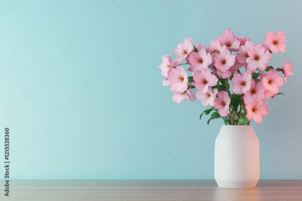A beautiful arrangement of pink flowers in a white vase against a soft blue background, adding a touch of elegance to any space. A beautiful arrangement of pink flowers in a white vase against a soft blue background, adding a touch of elegance to any space.