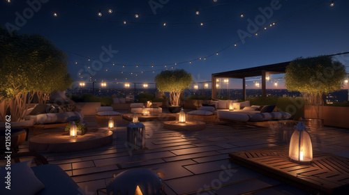 A luxurious rooftop lounge featuring sleek modern furniture, decorative plants, a built-in bar,