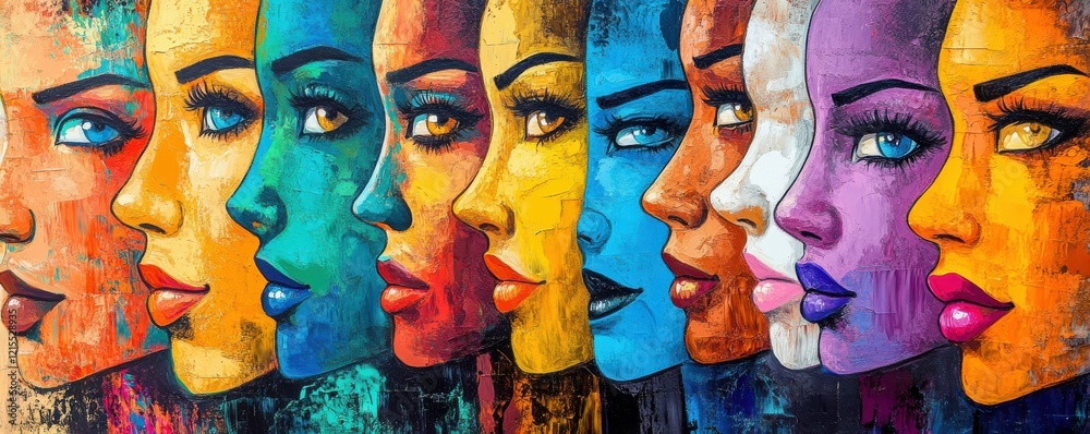 Obraz premium Vibrant multicolored faces of diverse young women in profile view