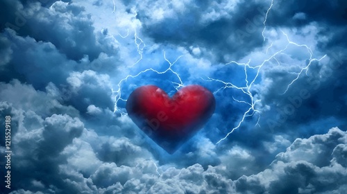 Heart of Storm: A Red Heart Amidst a Dramatic Thunderstorm