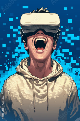 Exciting moment of interaction for a person wearing virtual reality goggles while expressing joy and amazement indoors