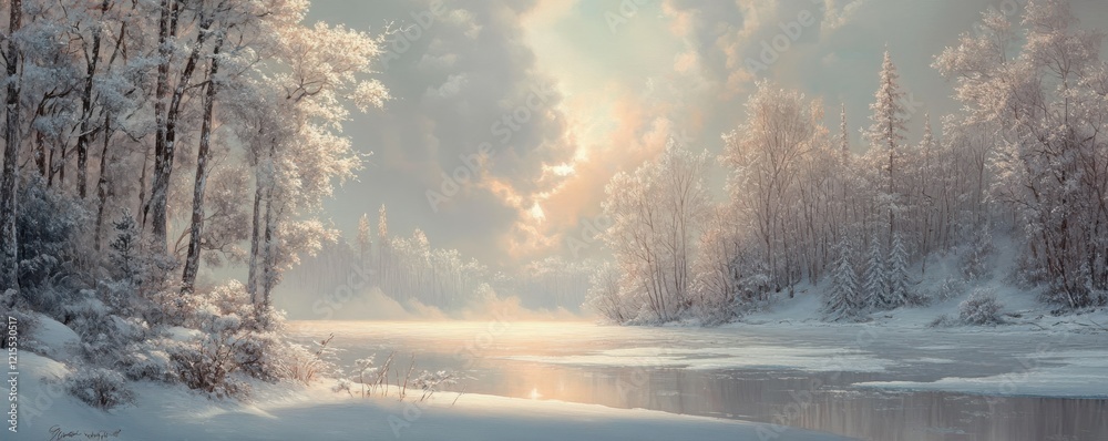 Fototapeta premium Serene winter landscape with snowy trees and icy river at sunrise