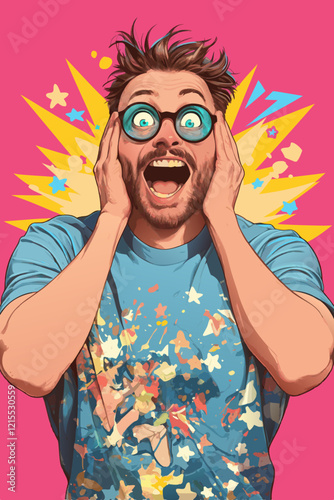 Man expressing exaggerated emotions with colorful background and playful attire during a lively event