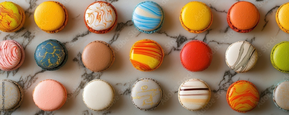 Obraz premium Assorted colorful macarons on marble background