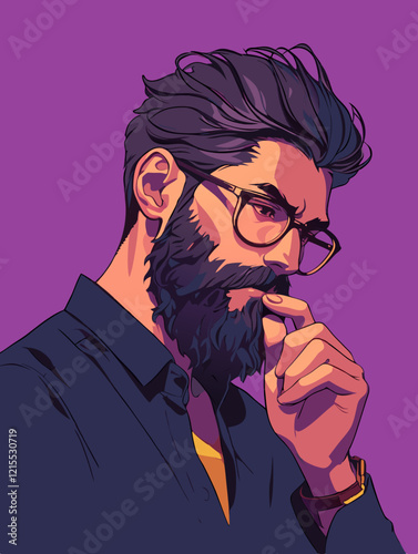 Thoughtful man with glasses pondering ideas in a creative atmosphere