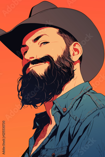 Smirking man in cowboy hat showcases rugged charm against vibrant background