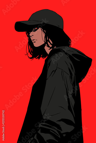Teenager wearing a hoodie and cap looks angrily against a bright red background