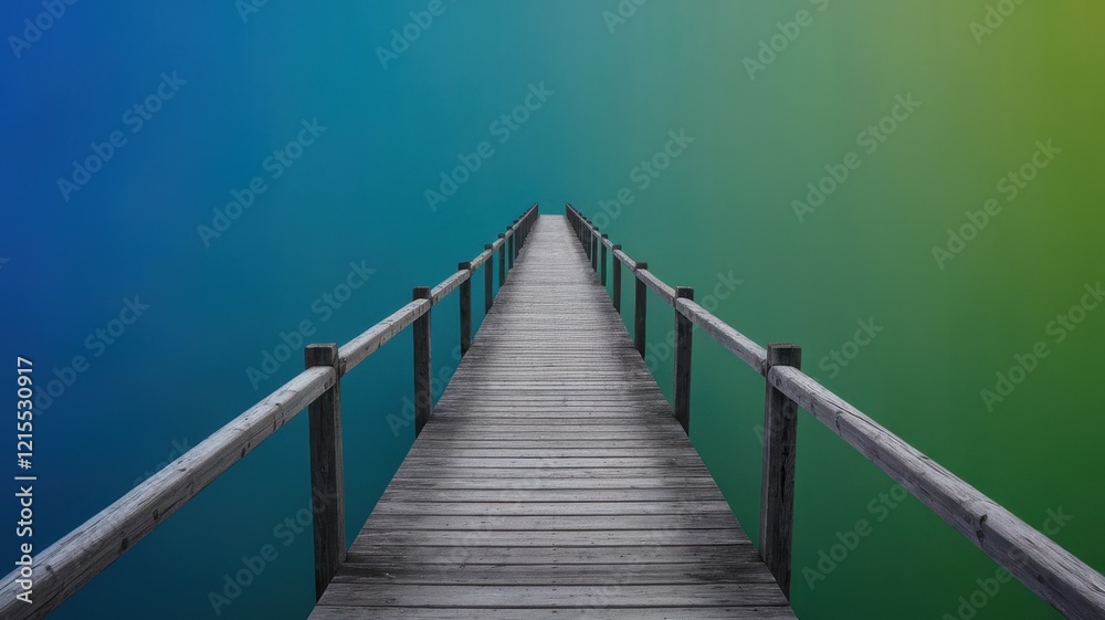 Fototapeta premium A tranquil wooden pier stretches over calm waters, blending into a gradient of blue and green hues, evoking a sense of peace and reflection.