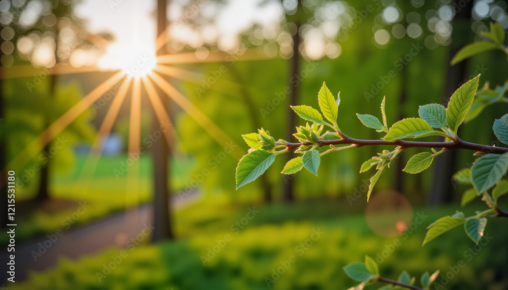 Obraz premium Minimalistic photo of a plant branch with fresh buds, sunlight filtering through greenery