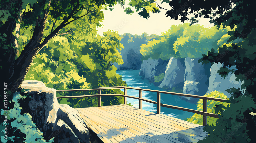 Fototapeta premium Elevated wooden platform overlooking a serene river valley, nestled amongst lush green trees and cliffs. Enchanted River. Illustration