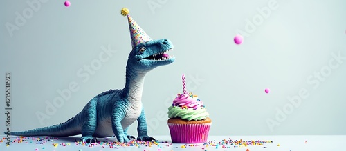 A dinosaur with a birthday hat, sitting next to a cupcake decorated with vibrant frosting and sprinkles, against a simple neutral background, perfect for a playful kids' party.