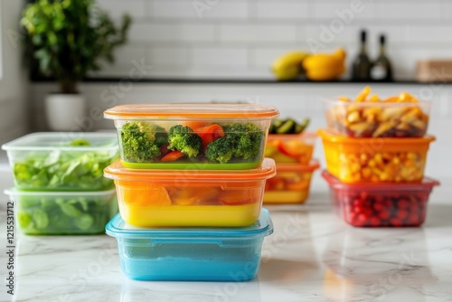 Meal prepping healthy lunch boxes with fresh organic vegetables and fruits in reusable bpa free containers photo