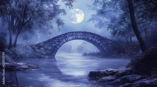 Enchanted moonlit bridge: a mystical stone bridge arches over a serene river under a full moon, shrouded in a dreamy fog, creating an ethereal and enchanting scene. Enchanted River. Illustration photo