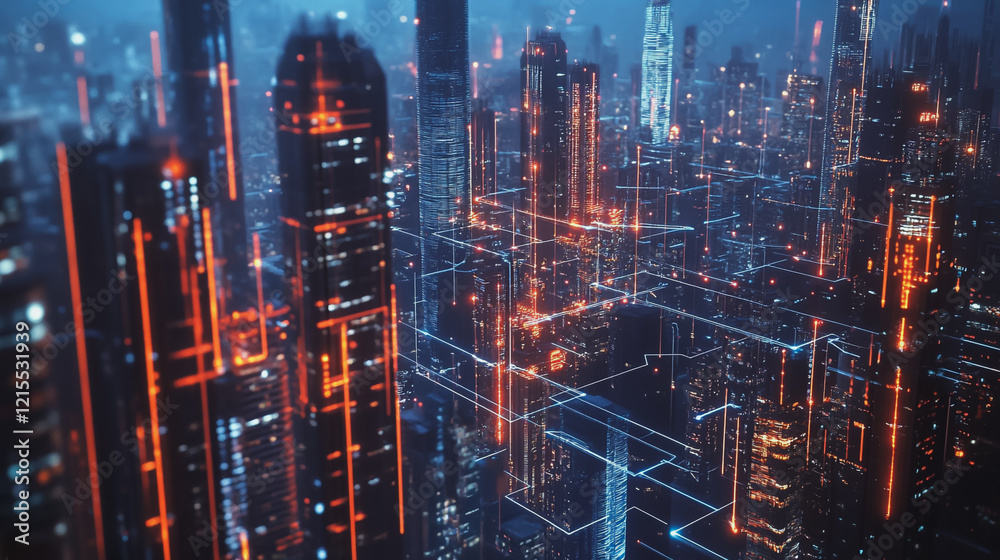 Fototapeta premium Smart digital Innovation city with connection network reciprocity over the twilight cityscape. of future smart wireless digital city and social media networking systems that connects people with city