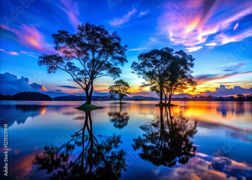 Silhouette of Trees at Tasik Melati Lake, Perlis, Malaysia, under a Vibrant Blue Sky photo