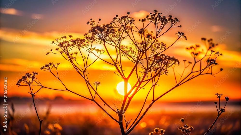Obraz premium Silhouette of Withered Plant Against Sunset, Dried Flower Backlit, Nature Photography