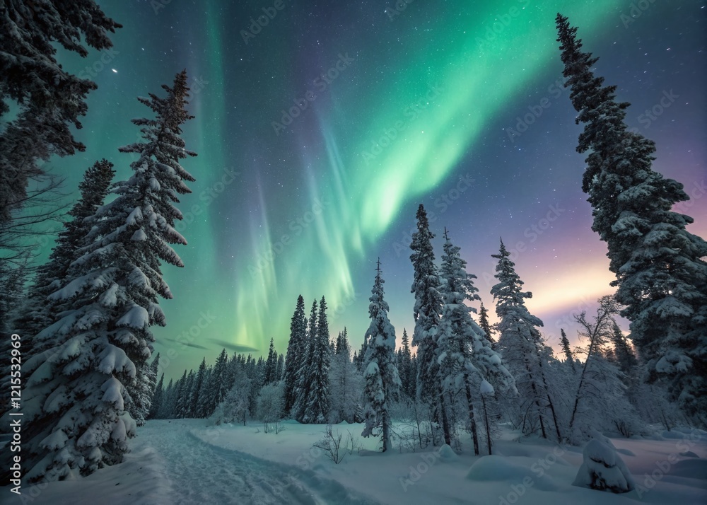 Surreal Northern Lights Aurora Borealis Dancing Over Snowy Forest Trees Night Landscape Surreal Northern Lights Aurora Borealis Dancing Over Snowy Forest Trees Night Landscape