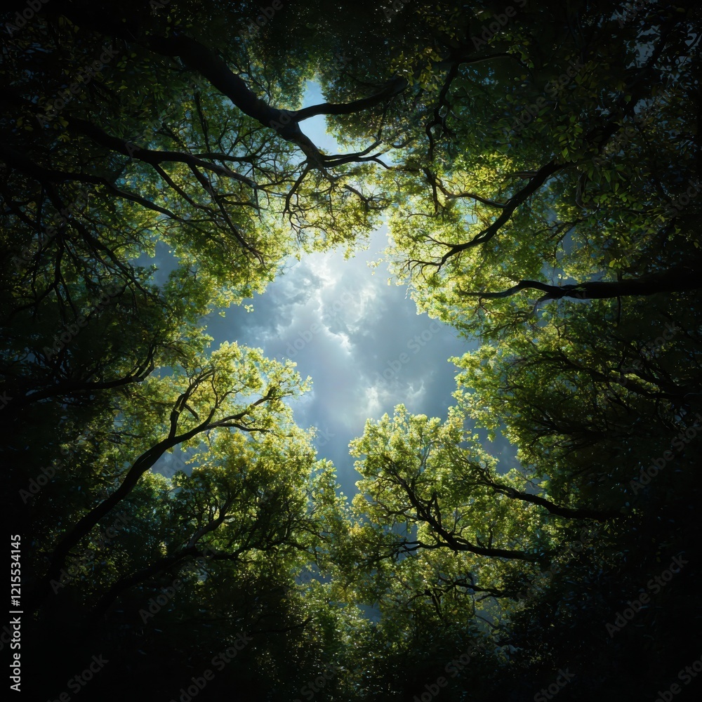 Fototapeta premium Cascading branches above a luminous forest floor bird's eye view nature scene dreamlike environment capturing rich textures