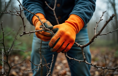 Man in orange work gloves meticulously removes fallen tree branches. Community cleanup after stormy weather. Local helper working in rural area. Focus on manual labor, community aid during disaster