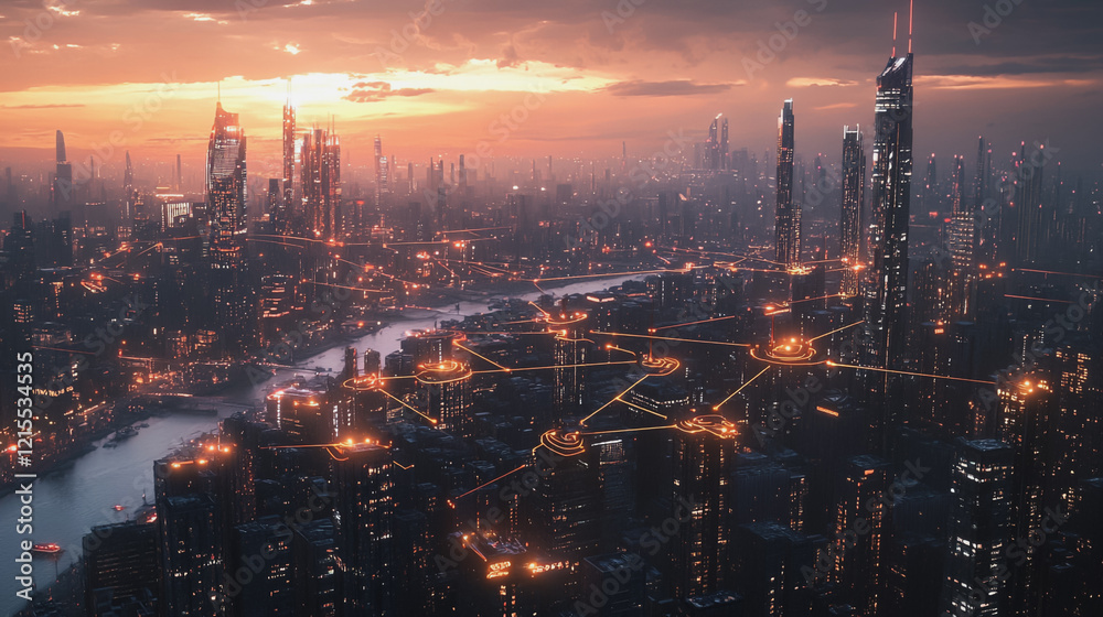 Fototapeta premium Smart digital Innovation city with connection network reciprocity over the twilight cityscape. of future smart wireless digital city and social media networking systems that connects people with city
