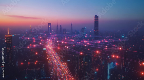 Wallpaper Mural Smart digital Innovation city with connection network reciprocity over the twilight cityscape. of future smart wireless digital city and social media networking systems that connects people with city Torontodigital.ca