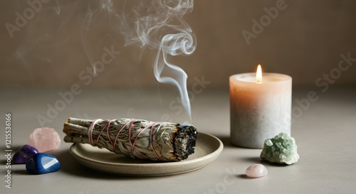Smoldering white sage bundle on a ceramic plate, accompanied by healing crystals and a lit candle, evokes a sense of tranquility and spiritual cleansing
