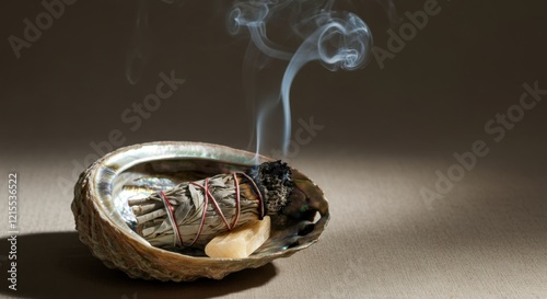 Smoldering white sage bundle resting in an abalone shell, creating a smoke plume, used for spiritual cleansing and purification