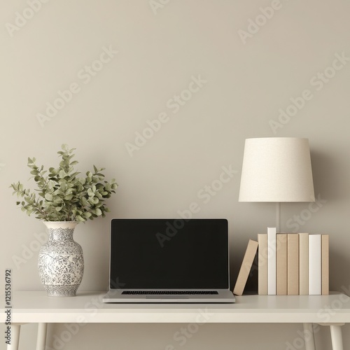 A minimalistic workspace featuring a laptop, books, a lamp, and a vase with greenery, perfect for productivity and creativity. photo