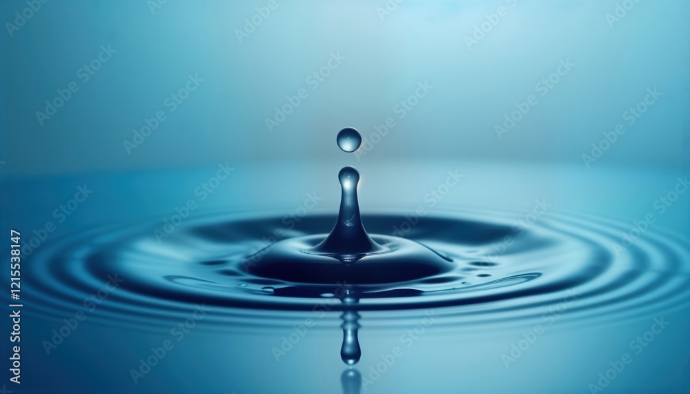 Water droplet impacts calm blue surface creating ripples. Abstract macro photo of water droplet impacting water surface. Beautiful blue background with circular ripples, perfect droplet form. Liquid Water droplet impacts calm blue surface creating ripples. Abstract macro photo of water droplet impacting water surface. Beautiful blue background with circular ripples, perfect droplet form. Liquid