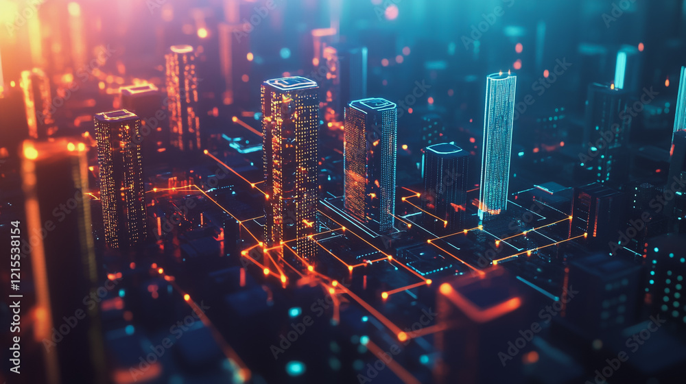 Smart digital Innovation city with connection network reciprocity over the twilight cityscape. of future smart wireless digital city and social media networking systems that connects people with city Smart digital Innovation city with connection network reciprocity over the twilight cityscape. of future smart wireless digital city and social media networking systems that connects people with city