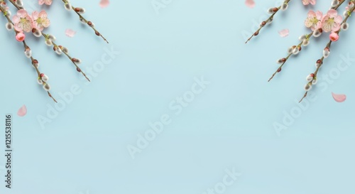 Spring floral composition forming a frame with copy space on light blue pastel background
